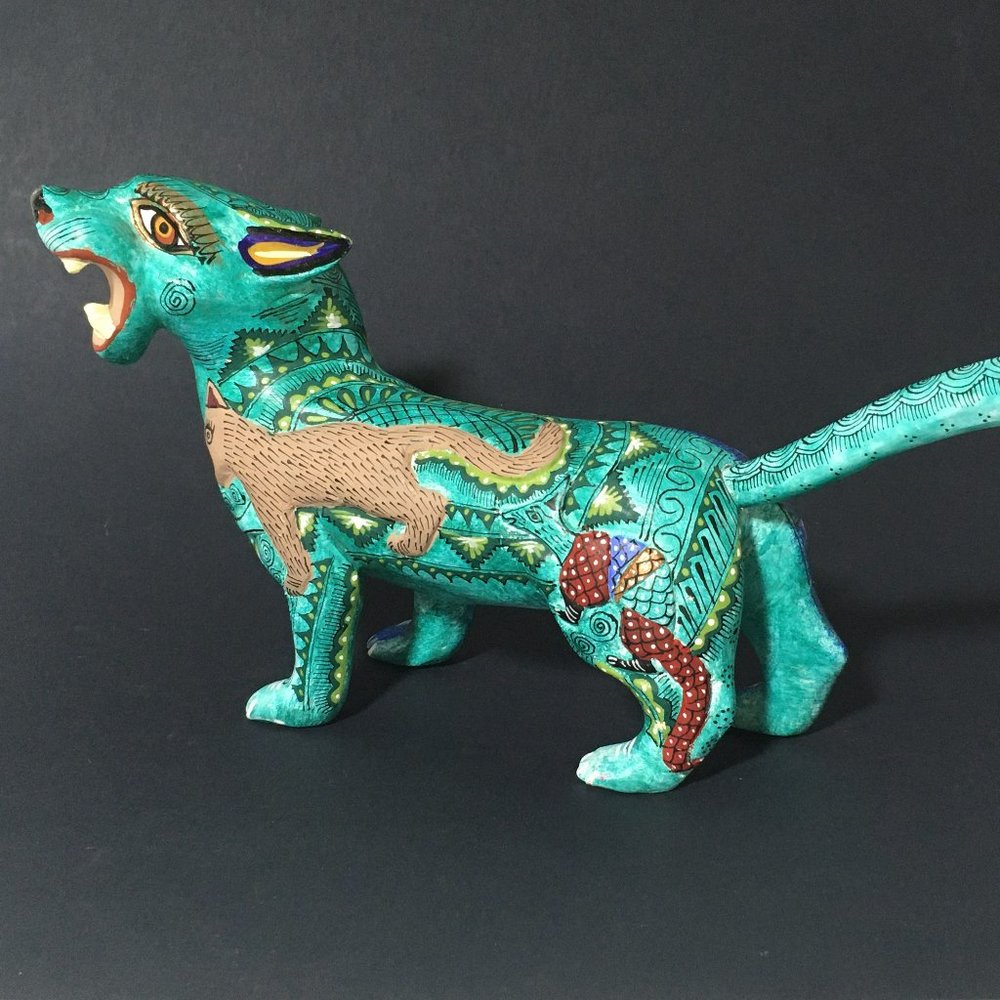Jaguar Alebrije with Relief Carving of Armadillo and Coyote Included in Design.